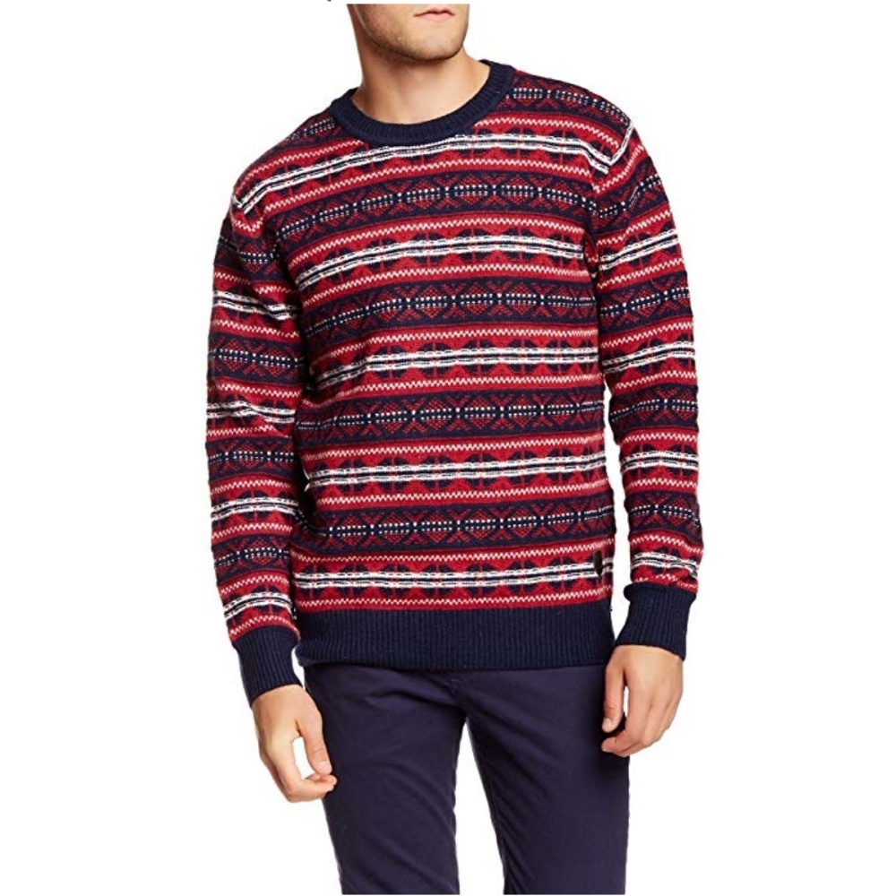 Bison Mens Red Blue Nordic Stripe Sweater